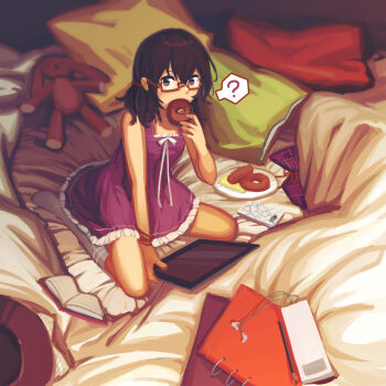 1girl ? armlet bed book brown_eyes brown_hair cheese donut dress dress_ribbon earbuds earphones eating food frilled_dress frills furahata_gen hair_tie highres holding holding_tablet_pc jewelry kneeling looking_at_viewer medium_hair messy_room no_shoes open_book pen phone pillow plate purple_dress red-framed_eyewear red_ribbon ribbon sausage sitting socks solo stuffed_animal stuffed_toy tablet_pc teddy_bear touhou unworn_clothes unworn_headwear usami_sumireko white_ribbon white_socks