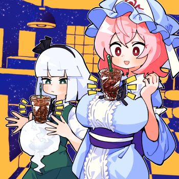 2girls :/ balancing black_bow black_bowtie black_hairband black_ribbon blue_hat blue_kimono blush bow bowtie breasts bright_pupils bubble_tea_challenge closed_mouth collared_shirt commentary cup disposable_cup frilled_kimono frills gram_9 green_eyes green_skirt green_vest grey_hair hairband hat highres hitodama japanese_clothes kimono konpaku_youmu konpaku_youmu_(ghost) large_breasts long_sleeves mob_cap multiple_girls neck_ribbon obi obijime open_mouth pink_eyes pink_hair purple_sash red_eyes ribbon saigyouji_yuyuko sash shirt skirt skirt_set sleeve_garter smile touhou triangular_headpiece vest white_pupils white_shirt