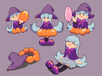 1girl :d animated animated_gif blue_hair blue_skirt bow bowtie candy chibi closed_eyes eyes_visible_through_hair fang food foreshortening halloween hat instrument kawawagi lollipop long_hair music open_mouth original pixel_art playing_instrument purple_background purple_bow purple_bowtie purple_hat purple_shoes shoes sitting skirt smile solid_oval_eyes solo standing very_long_hair witch witch_hat