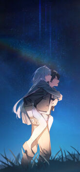 1boy 1girl absurdres black_gloves black_hair black_jacket black_pants blue_sky carrying commentary dress gloves grey_dress grey_hair highres jacket long_hair male_rover_(wuthering_waves) mornye_(wuthering_waves) night outdoors pants piggyback rhg rover_(wuthering_waves) sky star_(sky) starry_sky tacet_mark_(wuthering_waves) wuthering_waves