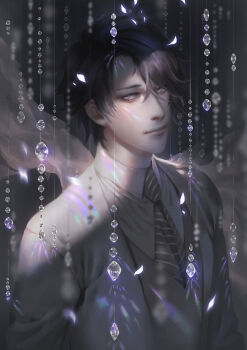 Rule 34 | 1boy, black hair, closed mouth, collared shirt, commentary, grey eyes, hair between eyes, han jumin, highres, long sleeves, looking at viewer, male focus, necktie, orange sekaii, petals, shirt, short hair, solo, striped necktie, susanghan messenger, upper body
