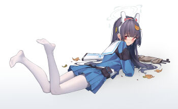 1girl animal_ear_hairband animal_ears arnold-s autumn_leaves belt_bag black_hair blue_archive blue_skirt bolt_action closed_mouth commentary_request fake_animal_ears footprints frown full_body gradient_background gun hair_ornament hairband halo highres leaf leaf_on_head legs_up long_hair long_sleeves looking_at_viewer looking_back lying miyu_(blue_archive) mosin-nagant no_shoes on_stomach pantyhose pleated_skirt rabbit_ears red_eyes rifle school_uniform serafuku simple_background skirt soles solo wavy_mouth weapon white_background white_pantyhose