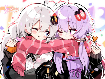2girls ahoge black_dress black_jacket blue_eyes blush braid cheek-to-cheek commentary dress eating empire_waist fur-trimmed_jacket fur_trim grey_hair happy_birthday headgear heads_together highres jacket kizuna_akari low_twintails multiple_girls open_clothes open_jacket purple_dress purple_eyes purple_hair scarf shared_clothes shared_scarf symbol-only_commentary twin_braids twintails upper_body vocaloid voiceroid yuzuki_yukari zhanzhangzlw