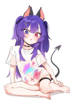 1girl animal_ears black_choker blush choker demon_tail full_body hair_ornament hairclip heterochromia highres loli long_hair original purple_eyes purple_hair pussy red_eyes see-through_clothes see-through_shirt shirt short_sleeves simple_background sitting solo tail white_background white_shirt whonyang