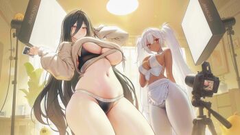 Rule 34 | 2girls, alabama (azur lane), alabama (through your lens my everything) (azur lane), azur lane, black bra, black hair, black panties, blush, bra, breasts, camera, commentary request, dark-skinned female, dark skin, facial mark, francesco caracciolo (azur lane), francesco caracciolo (confession under the spotlight) (azur lane), groin, highres, holding, holding photo, huge breasts, indoors, large breasts, long bangs, looking at viewer, manjuu (azur lane), multiple girls, navel, official alternate costume, official art, panties, pantyhose, parted lips, photo (object), red eyes, stomach, sweatdrop, sweater, third-party source, tripod, twintails, underwear, white bra, white hair, white pantyhose, white sweater