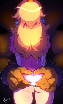 1boy 1girl ass ass_focus back blonde_hair bowser commentary crown doxy earrings elbow_gloves english_commentary gloves grabbing_another&#039;s_ass groping hands_on_ass heart heart_hands hetero highres interspecies jewelry long_hair mario_(series) nintendo out_of_frame princess_peach puffy_sleeves super_mario_bros._1 white_gloves