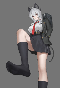 1girl absurdres ahoge bag black_choker black_jacket black_skirt black_socks breasts chinese_commentary choker collared_shirt commentary_request demon_tail earrings feet foot_focus foot_out_of_frame grey_hair high-waist_skirt highres horns jacket jewelry large_breasts legs long_hair long_sleeves looking_at_viewer miniskirt mouth_hold necktie no_shoes pouch red_eyes red_necktie ribbed_socks sa-baaa school_bag school_uniform shirt shoe_soles sidelocks simple_background skirt socks soles solo stepping_on_object tail toes variant_set white_background white_shirt wuthering_waves zani_(wuthering_waves)