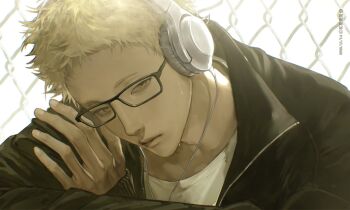 1boy bl0ss0_m black-framed_eyewear black_jacket blonde_hair commentary dated forehead glasses haikyuu!! headphones highres jacket lips looking_at_viewer male_focus rectangular_eyewear shirt short_hair solo symbol-only_commentary tsukishima_kei unzipped white_shirt