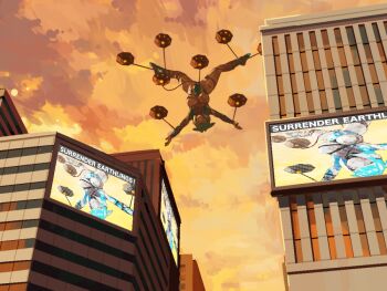 Rule 34 | 1girl, altina earth, city, cloud, cloudy sky, commentary request, defeat, giant, giantess, nikunopengin, original, screen, sky, tokusatsu, ufo, ultra series