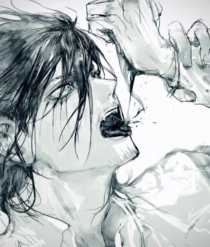 1boy absurdres black_hair blood blood_on_hands blood_on_tongue chuan drinking_blood eren_yeager facial_hair fangs green_eyes highres long_hair long_sleeves male_focus mature_male monochrome nose open_mouth scar shingeki_no_kyojin solo titan_shifter_scars