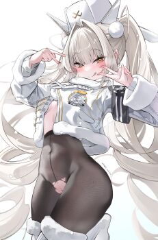 1girl absurdres black_pantyhose blanc_(fortune_express)_(nikke) blanc_(nikke) boots breasts coat commentary_request double_v fur-trimmed_boots fur_trim goddess_of_victory:_nikke hat highres licking_lips long_hair looking_at_viewer official_alternate_costume official_alternate_hairstyle pantyhose pussy simple_background small_breasts smile solo tongue tongue_out torn_clothes torn_pantyhose twintails v very_long_hair white_background white_boots white_coat white_hair white_hat winter_clothes winter_coat xiuluoniqia