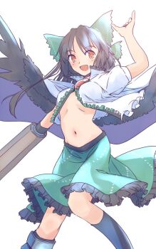 1girl :d arm_cannon arm_up armored_boots asymmetrical_footwear black_hair black_socks black_wings boots bow cape commentary_request control_rod_(touhou) feathered_wings feet_out_of_frame frilled_shirt_collar frilled_skirt frills green_bow green_skirt hair_bow hand_up kneehighs long_hair navel open_clothes open_mouth open_shirt orange_eyes rangycrow reiuji_utsuho shirt sideways_glance skirt smile socks solo stomach third_eye_on_chest touhou weapon white_background white_cape white_shirt wings