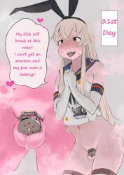 Rule 34 | blonde hair, chastity cage, flat chastity cage, penis, precum, shimakaze (kancolle), skirt, thighhighs, thighs, tongue, tongue out, trap