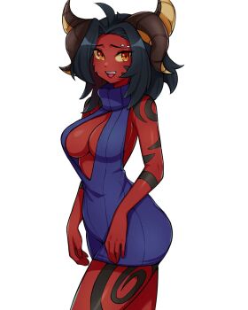 1girl ahoge black_hair blue_sweater body_markings breasts cleavage clothing_cutout colored_sclera colored_skin commentary commission cowboy_shot demon_girl demon_horns english_commentary eyebrow_piercing face_piercing highres horns large_breasts looking_at_viewer medium_hair oninuer open_mouth original piercing red_eyes red_skin ribbed_sweater simple_background sleeveless sleeveless_sweater sleeveless_turtleneck smile solo sweater turtleneck turtleneck_sweater white_background yellow_sclera