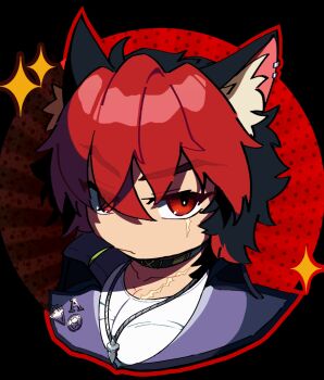 1boy animal_ear_piercing animal_ears black_choker black_jacket chibi choker commentary_request dog_boy dog_ears gori-n-san highres jacket jewelry komano_manato leaf_in_mouth male_focus multicolored_hair muscular muscular_male necklace pectoral_cleavage pectorals red_eyes red_hair scar scar_on_chest scar_on_face shirt white_shirt zenless_zone_zero