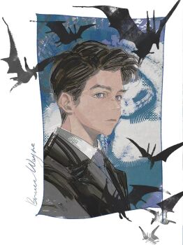 Rule 34 | 1boy, aged down, bat (animal), batman (series), black hair, black jacket, blazer, blue eyes, blue necktie, border, bruce wayne, character name, closed mouth, collared shirt, cursive, dc comics, dress shirt, english text, expressionless, formal clothes, highres, holdwatermaster, jacket, light frown, looking ahead, male focus, necktie, outside border, parted hair, portrait, shirt, short hair, side part, solo, tareme, white border, white shirt, wing collar