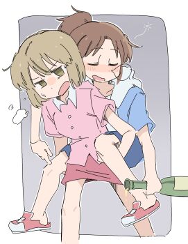 Rule 34 | 2girls, beer bottle, blonde hair, blue hoodie, blue shorts, blush, border, bottle, brown hair, buttons, carrying, carrying person, city (arawi keiichi), closed eyes, collarbone, collared shirt, dot nose, green eyes, grey background, highres, holding, holding bottle, hood, hood down, hoodie, multiple girls, nagumo midori, niikura (city), nose bubble, open mouth, pink shirt, pink skirt, ponytail, red shoes, shirt, shoes, short hair, short sleeves, shorts, sidelocks, skirt, white border, white shirt, wichimi