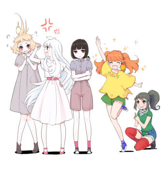 5girls anger_vein belt bird bird_type_girl_system black_eyes black_hair blonde_hair blush brown_eyes closed_eyes cockatiel cockatiel_(bird_type_girl_system) dress fang full_body green-cheeked_parakeet green-cheeked_parakeet_(bird_type_girl_system) grin java_sparrow java_sparrow_(bird_type_girl_system) kanchou kari_(kakko_k) long_hair multiple_girls open_mouth orange_hair original personification ponytail red_legwear scarf shoes short_hair short_shorts shorts simple_background smile sneakers sparkle sun_parakeet sun_parakeet_(bird_type_girl_system) tears thighhighs twintails wavy_mouth white_background white_hair white_java_sparrow white_java_sparrow_(bird_type_girl_system)