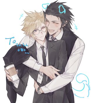 2boys animal_ears black_hair black_jacket black_necktie black_suit black_vest blonde_hair closed_eyes cloud_strife collared_shirt cross_scar cup disposable_coffee_cup disposable_cup dog_ears dog_tail facial_scar fang final_fantasy final_fantasy_vii formal_clothes glasses hair_slicked_back highres holding holding_cup hug hug_from_behind id_card jacket jacket_on_arm light_blush light_smile lily_(shio1006) multiple_boys necktie one_eye_closed open_mouth scar scar_on_cheek scar_on_face shirt short_hair sideburns smile spiked_hair striped_necktie suit suit_jacket tail vest waistcoat watch white_shirt wristwatch yaoi zack_fair