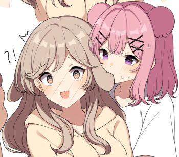 2girls @_@ amaori_renako animal_ears biting biting_ear blush brown_eyes brown_hair highres hiruver hood hoodie kemonomimi_mode medium_hair mouse_ears multiple_girls pink_hair purple_eyes rabbit_ears sena_ajisai shirt simple_background sweat watashi_ga_koibito_ni_nareru_wake_naijan_murimuri! white_background white_shirt yellow_hoodie yuri