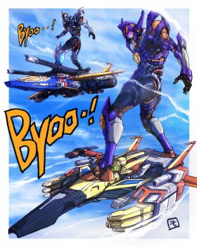 absurdres aircraft airplane diabattles diaclone dynazenon_(character) flying glowing gridknight_(ssss.gridman) gridman_(character) gridman_(denkou_choujin) gridman_(ssss) gridman_universe highres looking_ahead mecha moyan no_humans open_hands orange_eyes robot science_fiction ssss.dynazenon ssss.gridman standing visor