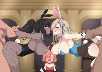 2boys 3girls ahoge animal_ears arched_back arm_grab arm_held_back asuna_(blue_archive) asuna_(bunny)_(blue_archive) bare_shoulders bent_over black_hair black_leotard blue_archive blue_eyes blue_leotard blush bouncing_breasts bow bowtie braid breasts brown_legwear cleavage curvy dark-skinned_female dark_skin detached_collar doggystyle elbow_gloves fake_animal_ears fishnet_legwear fishnets from_side gloves grabbing_another's_hair grin group_sex hair_over_one_eye hetero high_ponytail highleg highleg_leotard highres holding_another's_hair holding_another's_wrist karin_(blue_archive) karin_(bunny)_(blue_archive) kumasteam large_breasts leotard light_areolae light_brown_hair long_hair looking_at_viewer moaning mole mole_on_breast multiple_boys multiple_girls neru_(blue_archive) neru_(bunny)_(blue_archive) nipples open_mouth orange_hair pantyhose playboy_bunny ponytail rabbit_ears rabbit_tail red_leotard rolling_eyes sex sex_from_behind shiny_skin side_braid sidelocks smile tail thighband_pantyhose thighs thong_leotard torn_clothes torn_legwear traditional_bowtie white_gloves wide_hips yellow_eyes