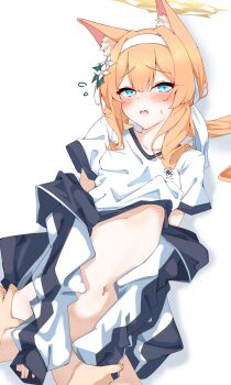 1boy 1girl absurdres animal_ear_fluff animal_ears blue_archive blue_eyes blush bottomless clothes_lift commentary_request flower fox_ears gym_shirt gym_uniform hair_between_eyes hair_flower hair_ornament hairband halo headband highres jacket kabocya_na long_hair long_sleeves looking_at_viewer mari_(blue_archive) mari_(track)_(blue_archive) navel official_alternate_costume open_mouth orange_hair pov pov_hands shirt shirt_lift short_sleeves simple_background stomach track_jacket white_background white_flower white_hairband white_headband white_shirt yellow_halo