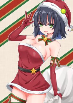 Rule 34 | 1girl, :d, aatsu, bare shoulders, belt, black belt, black hair, breasts, cleavage, commentary, dress, elbow gloves, gloves, green eyes, hand up, hat, highres, kyoumachi seika, large breasts, leg ribbon, looking at viewer, low neckline, medium hair, microphone, no bra, open mouth, red dress, red gloves, ribbon, santa costume, santa dress, santa hat, short dress, smile, solo, star ornament, strapless, strapless dress, symbol-only commentary, thigh ribbon, thighs, tube dress, voiceroid, w, w over eye