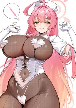 Rule 34 | 1girl, absurdres, ahoge, alternate breast size (larger), alternate costume, arms up, artist name, blonde hair, blue archive, blush, bodysuit, braid, breasts, brown bodysuit, collar, collared shrug, covered navel, elbow gloves, from below, gloves, gradient hair, green eyes, halo, hanako (blue archive), hat, heart pasties, highres, huge ahoge, huge breasts, long hair, looking at viewer, multicolored hair, navel, nurse cap, pasties, pink hair, pink halo, pumiss, see-through bodysuit, see-through clothes, short sleeves, shrug (clothing), side braid, sidelocks, simple background, single braid, solo, syringe, two-tone hair, upper body, white background, white collar, white gloves, white hat, white shrug, wide hips