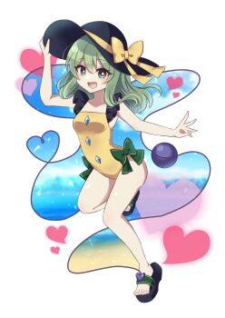 1girl alternate_costume beach black_hat blue_sky bow breasts cloud commentary_request day eyeball full_body game_cg green_eyes green_hair hakurei_frontier_spell_strive hat hat_bow heart heart_of_string highres komeiji_koishi leg_up looking_at_viewer ocean official_art one-piece_swimsuit open_mouth sky smile solo subaru_(subachoco) swimsuit third-party_source third_eye touhou transparent_background yellow_bow yellow_one-piece_swimsuit