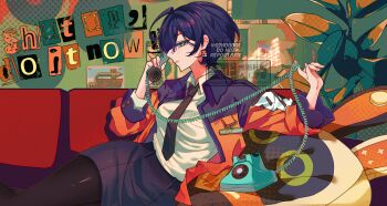 1girl ahoge alternate_costume antique_phone bangboo_(zenless_zone_zero) belle_(zenless_zone_zero) black_necktie black_pantyhose blue_hair blue_jacket blue_skirt character_pillow commentary corded_phone couch cowboy_shot earrings green_eyes hair_between_eyes half-closed_eyes highres holding holding_phone jacket jewelry looking_at_viewer lying multicolored_jacket necktie on_couch on_side open_clothes orange_jacket pantyhose parted_lips pencil_skirt phone plant rotary_phone shirt short_hair skirt solo sshooooe twitter_username white_shirt zenless_zone_zero