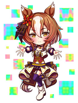 1girl animal_ears blush bodice boots breasts brown_eyes brown_hair chibi chibi_only choker closed_mouth collarbone commentary_request corset cropped_jacket frown full_body garter_straps hair_between_eyes hair_ornament highres horse_ears horse_girl horse_tail jacket long_sleeves looking_at_viewer medium_breasts midriff_peek multicolored_hair navel overskirt pendant_choker pinwheel_hair_ornament purple_choker purple_garter_straps purple_thighhighs reaching reaching_towards_viewer red_corset red_shorts shirt short_hair shorts solo standing standing_on_one_leg star_(symbol) starting_future_(umamusume) streaked_hair sugimotty_nova tail thighhighs umamusume white_boots white_hair white_jacket white_shirt wristband yaeno_muteki_(umamusume)