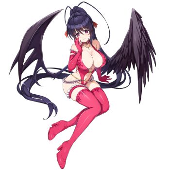 1girl black_hair blush boots breasts cleavage closed_mouth demon_wings dolphin_wave elbow_gloves feathered_wings game_cg gloves hair_ribbon high_school_dxd highres himejima_akeno huge_antenna_hair large_breasts leotard long_hair looking_at_viewer navel non-web_source official_alternate_costume official_art ootomo_takuji pink_leotard pink_thighhighs ponytail purple_eyes ribbon smile solo thigh_boots thighhighs transparent_background very_long_hair wings