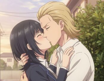 Rule 34 | 1boy, 1girl, ai-assisted, anime screenshot, black hair, blonde hair, blush, chitose-kun wa ramune bin no naka, hair slicked back, hetero, highres, kiss, nanase yuzuki, non-web source, school uniform, short hair, yanashita (chitose-kun wa ramune bin no naka)