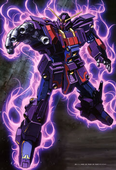 Rule 34 | 1980s (style), 1990s (style), absurdres, artist request, beam cannon, cable, chest cannon, cloud, cloudy sky, colony drop, dark cloud, debris, dust cloud, energy field, energy gun, faux traditional media, finger cannon, flying, glowing, glowing eyes, gundam, gundam perfect file, gundam zz, highres, magazine scan, mecha, mecha focus, mobile suit, neo zeon, oldschool, psycho gundam mk ii, purple eyes, retro artstyle, robot, scan, scene reference, science fiction, sky, space habitat, traditional media, v-fin, weapon