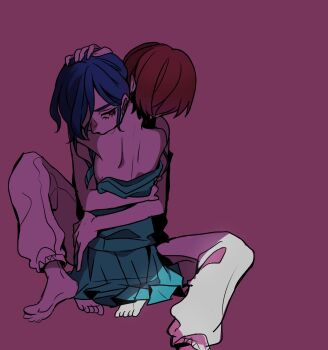 1boy 1girl amate_yuzuriha ando_chi aqua_bra aqua_shirt aqua_skirt arms_around_waist back bare_arms bare_back bare_shoulders barefoot bite_mark bite_mark_on_neck blue_hair bra comforting dark_background dim_lighting gundam gundam_gquuuuuux hand_on_another&#039;s_head head_on_another&#039;s_shoulder highres hug lower_eyelashes_only on_floor open_bra pants partially_undressed pleated_skirt red_eyes red_hair school_uniform shirt short_hair shoulder_blades shuji_ito sitting skirt underwear white_pants
