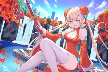 1girl :d autumn autumn_leaves bare_shoulders blonde_hair blue_eyes breasts bun_cover china_dress chinese_clothes cleavage cleavage_cutout clothing_cutout cocoablue23 commentary_request day detached_sleeves double_bun dress hair_bun highres huion katana leaf long_hair long_sleeves looking_at_viewer maple_leaf medium_breasts nature open_mouth original outdoors red_dress revision sheath sheathed side_slit sitting smile solo sword sword_tassel tassel thighhighs thighs twintails very_long_hair water waterfall weapon white_thighhighs
