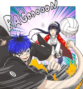 Rule 34 | 1boy, 1girl, absurdres, ball, black choker, black gloves, black hair, black haori, black thighhighs, blue eyes, blue hair, cape, chin piercing, choker, dougi, eye print, eyepatch, face piercing, fingerless gloves, gloves, hairband, haori, highres, japanese clothes, long hair, magadori kyoshika, martial arts belt, multicolored hair, official art, omokage yugamu, open mouth, piercing, ponytail, print eyepatch, purple background, red cape, roots (hair), short hair, smile, extendable limbs, surprised, the hundred line -last defense academy-, thighhighs, triangle mouth, volleyball, volleyball (object)