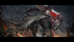 Rule 34 | 1boy, absurdres, arknights, armor, black gloves, cape, demon boy, demon horns, eyepatch, eyewear strap, gloves, grey cloak, highres, hoederer (arknights), holding, holding sword, holding weapon, horns, ikasamahideo, letterboxed, long hair, male focus, outdoors, pointy ears, red eyes, solo, sword, weapon
