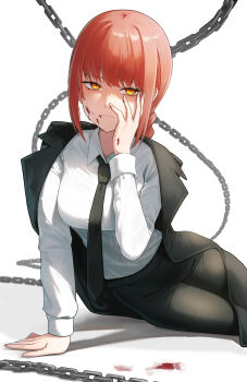 Rule 34 | 1girl, arm support, black coat, black necktie, black pants, blood, blood on face, braid, braided ponytail, breasts, chain, chainsaw man, closed mouth, coat, coat on shoulders, collared shirt, commentary, dress shirt, feet out of frame, fmg, hand on own face, hand up, highres, long hair, long sleeves, looking at viewer, makima (chainsaw man), medium breasts, necktie, pants, red hair, shirt, shirt tucked in, sidelocks, sitting, sleeves rolled up, solo, white background, white shirt, yellow eyes