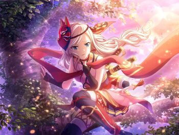 1girl aqua_eyes black_bridal_gauntlets black_thighhighs blonde_hair bridal_gauntlets floating_hair fox_mask furrowed_brow game_cg japanese_clothes katana kimono mask mask_on_head ninja official_art parted_lips pink_kimono pleated_skirt scroll sheath sheathed shoujo_kageki_revue_starlight shoujo_kageki_revue_starlight_-re_live- skirt sleeveless sleeveless_kimono solo sword thighhighs tree weapon yumeoji_fumi