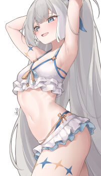 1girl absurdres armpits arms_up artist_name bikini bikini_skirt blue_bikini blue_eyes blue_ribbon blush breasts cleavage elvera female_tyrant_(stella_sora) frilled_bikini frills grey_hair hair_ribbon hashtag-only_commentary high_ponytail highres long_hair multicolored_bikini navel official_alternate_costume official_alternate_hairstyle open_mouth pointy_ears ponytail ribbon ribs sideboob signature simple_background small_breasts smile solo standing stella_sora stomach swimsuit thighs two-tone_bikini tyrant_(stella_sora) very_long_hair white_background white_bikini
