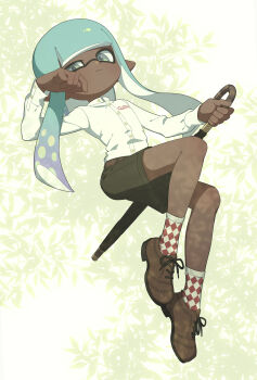 1girl absurdres black_shorts blue_eyes blue_hair brown_shoes closed_mouth closed_umbrella collared_shirt dark-skinned_female dark_skin dress_shirt expressionless full_body highres holding holding_umbrella inkling inkling_girl inkling_player_character long_hair long_sleeves looking_at_viewer nintendo pointy_ears shirt shoes shorts socks solo splatoon_(series) surume01417 tentacle_hair umbrella white_shirt white_socks