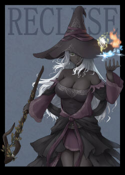 1girl absurdres bare_shoulders black_dress black_hat black_skin breasts character_name cleavage colored_eyelashes colored_skin commentary_request dark-skinned_female dark_skin dress elden_ring elden_ring_nightreign fire gresy hat hat_over_one_eye highres holding holding_staff large_breasts large_hat long_hair purple_sleeves pyrokinesis recluse_(elden_ring) simple_background solo staff white_eyelashes white_hair witch witch_hat wooden_staff