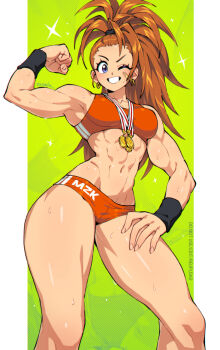 1girl ;d abs artist_name bandaid bandaid_on_cheek bandaid_on_face biceps big_hair blue_eyes breasts buruma captain_mizuki cowboy_shot earrings flexing green_background hand_on_own_thigh jewelry large_breasts long_hair looking_at_viewer medal medallion muscular muscular_female navel one-punch_man one_eye_closed open_mouth orange_buruma orange_hair orange_sports_bra ponytail qewie shiny_skin simple_background smile solo sparkle sports_bra sweat sweatband thighs wristband
