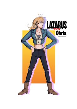 Rule 34 | 1girl, ahoge, ankle boots, artist request, blonde hair, blue eyes, boots, breasts, brown boots, character name, christine (lazarus), cleavage, collarbone, earrings, female focus, full body, groin, hands on own hips, highres, jacket, large breasts, lazarus, lips, long hair, long sleeves, looking at viewer, looking to the side, midriff, navel, neck, open clothes, open jacket, open mouth, pants, serious, shirt under shirt, sidelocks, standing, stomach, thick lips, torn clothes, torn pants, triangle earrings, turning head
