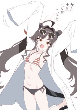 1girl ahoge arms_up bikini black_hair black_tail blue_archive coat commentary_request eyewear_on_head highres kasumi_(blue_archive) kasumi_(swimsuit)_(blue_archive) lab_coat long_hair looking_at_viewer navel open_clothes open_coat open_mouth sleeves_past_fingers sleeves_past_wrists smile solo stomach striped_bikini striped_clothes sunglasses swimsuit translation_request twintails white_background white_coat yellow_eyes zzzzblue194725