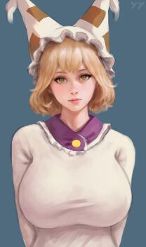 Rule 34 | 1girl, animal ears, animal hat, blonde hair, blush, breasts, dress, extra ears, fox ears, hat, highres, huge breasts, long sleeves, looking at viewer, mob cap, short hair, solo, tail, touhou, yakumo ran, yellow eyes, yyf (seaknight)