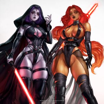 2girls alternate_costume black_cloak black_hood black_leotard black_sleeves black_thighhighs blondynkitezgraja boots breasts cleavage cloak colored_skin commentary curvy dc_comics detached_sleeves double_bladed_lightsaber elbow_gloves electricity electrokinesis energy_sword english_commentary facepaint gloves green_eyes grey_skin highleg highleg_leotard highres holding holding_weapon hood hooded_cloak instagram_username large_breasts latex leotard lightsaber long_hair multiple_girls orange_skin parted_bangs purple_hair raven_(dc) red_eyes red_hair red_lightsaber revealing_clothes robe shiny_skin sideboob simple_background sith star_wars starfire sword tamaranean teen_titans thigh_boots thigh_strap thighhighs thong_leotard torn_clothes torn_thighhighs twitter_username weapon white_background wide_hips