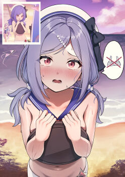 absurdres beach bikini bikini_skirt blue_bow bow commentary covering_breasts covering_privates dutch_angle evening from_above game_screenshot_inset hair_ornament hairclip hat hat_bow head_tilt highres holding holding_tray iris_(stella_sora) looking_at_viewer low_twintails medium_hair navel neckerchief neckerchief_between_breasts ocean open_mouth peanut_mouth red_eyes red_neckerchief sailor_collar sailor_hat sand screenshot_inset speech_bubble spoken_symbol stella_sora swimsuit tearing_up topless_female tray twintails unworn_bikini_top upper_body ureizu water wet white_bikini white_hat